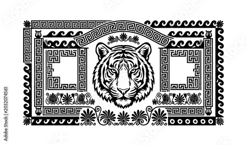 Schilderij op canvas Tiger portrait with Greek meander ornaments and antique relief vector illustrati