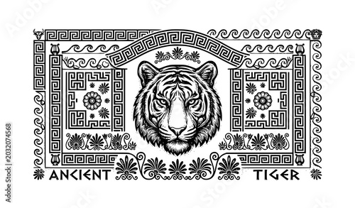 Quadro su tela Artistic tiger portrait with classical Greek meander relief vector artwork