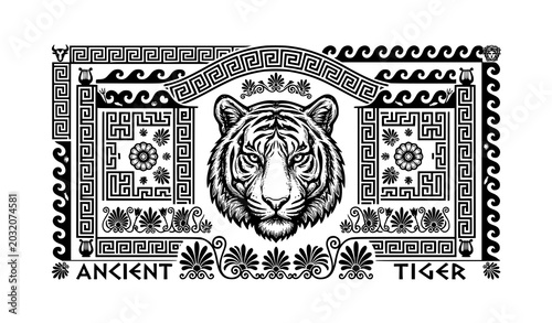 Schilderij op canvas Monochrome tiger portrait with antique Greek meander ornament vector illustratio