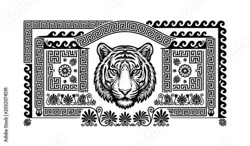 Canvastavla Minimal tiger portrait and Greek meander antique relief vector illustration