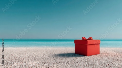 Red gift box with ribbon on a white sand beach, ocean background. Use for holiday surprise, travel reward, or unexpected summer present.