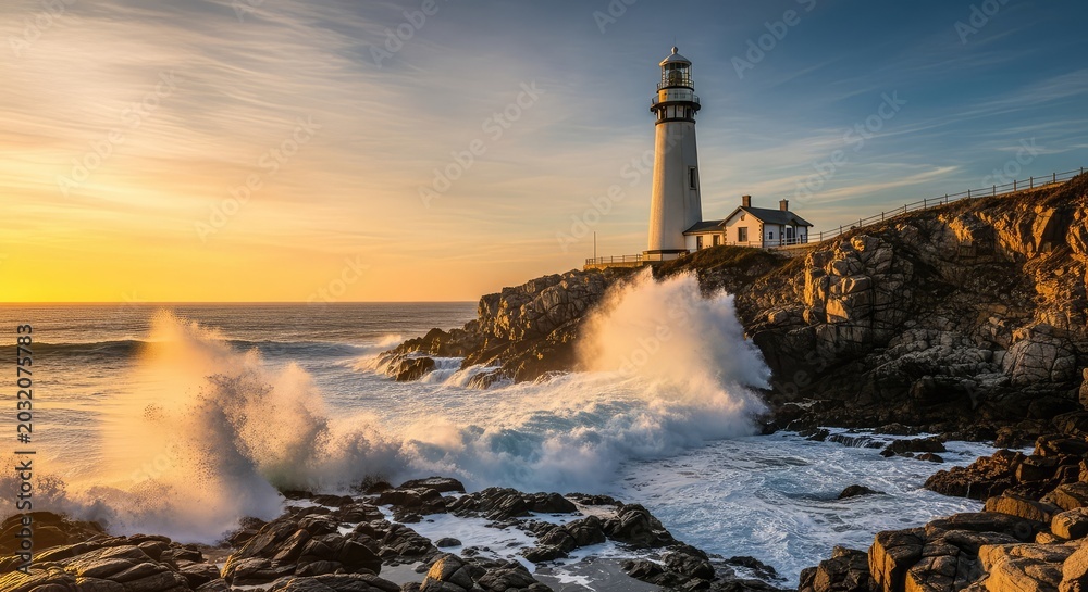 Obraz premium A majestic white lighthouse stands tall on a rugged rocky cliff as powerful ocean waves crash against the shore during a golden sunset, light, illumination, vantage point