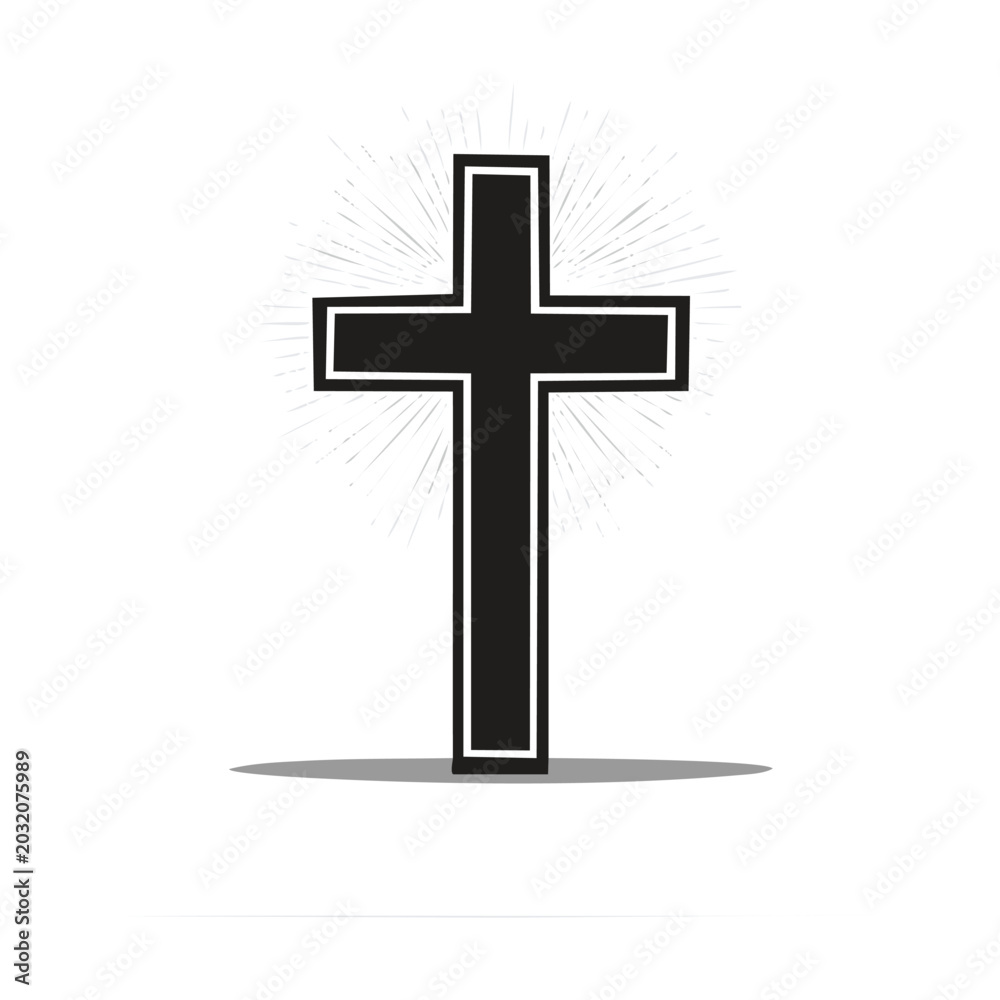 Obraz premium A stark black Christian cross with a white outline, set against a white background with radiating light rays emanating from behind it, casting a subtle shadow.