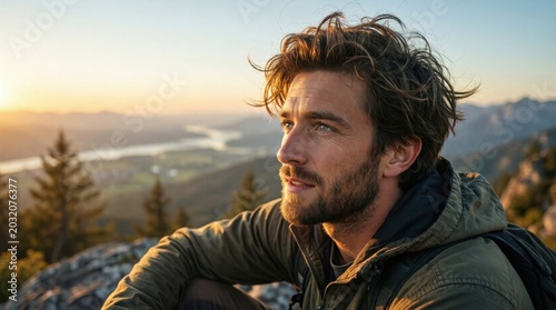 Young man watching sunrise from rocky mountain overlook