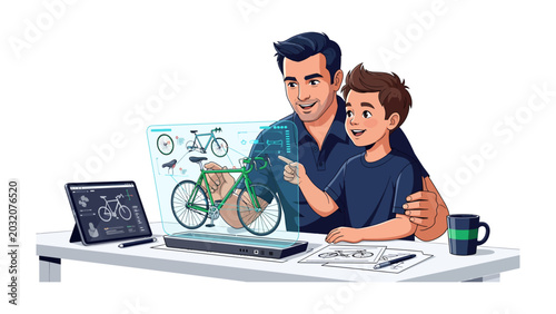 Bild auf Leinwand Future of Design: A father and son explore bicycle design using a futuristic holographic interface, combining technology and creativity for a collaborative learning experience