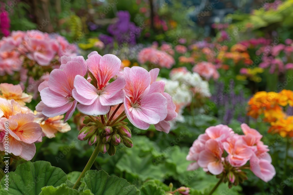 Fototapeta premium Pink geraniums bloom in a lush flower garden. Use this vibrant image for spring or nature themed designs.