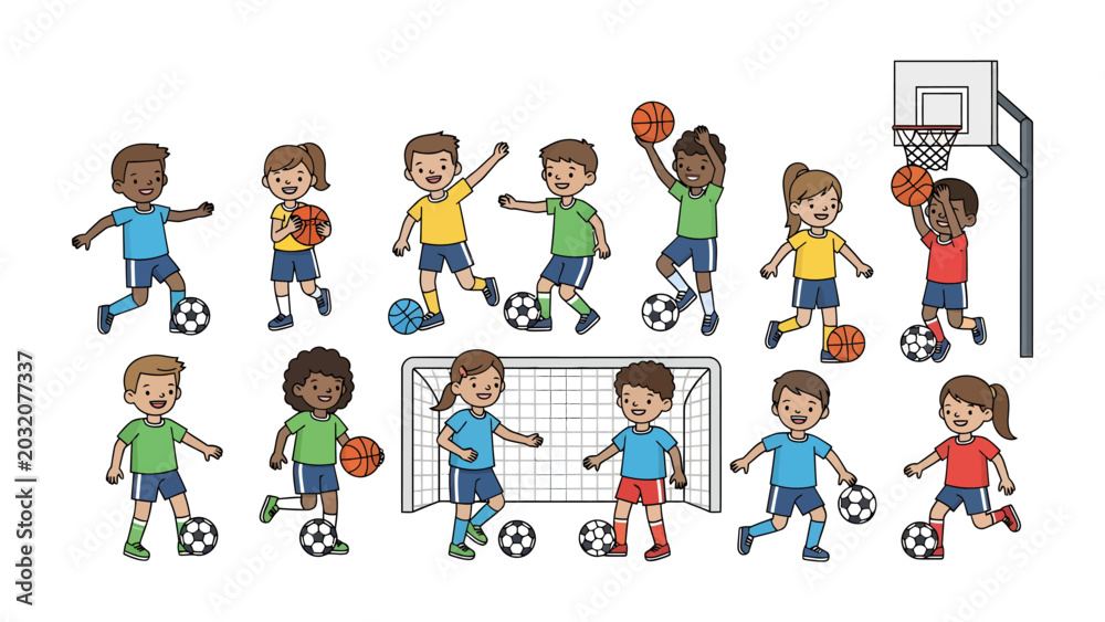 Fototapeta premium Young Athletes in Action: A lively collection of diverse children engaged in various sports, including soccer and basketball, showcasing the fun and energy of youth sports.