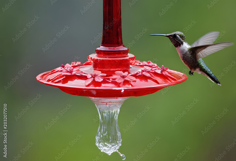 Obraz premium Hummingbird hovering near red feeder with dripping water