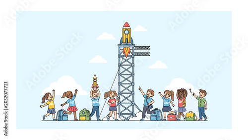 Konstfotografi Children's Rocket Launch Adventure: A group of cheerful children, eager and excited, stand with backpacks near a towering rocket launchpad, ready for an imaginative journey into space