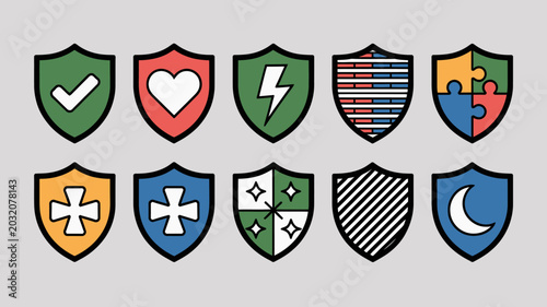 Fotografija Ten shield icons with various symbols and colored fills on a gray background ico
