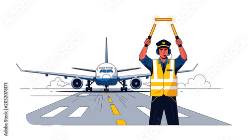 Bild auf Leinwand Airport Marshall Directing Aircraft: An airport marshall, wearing a high-visibility vest and cap, expertly guides an airplane on the runway with illuminated signal wands