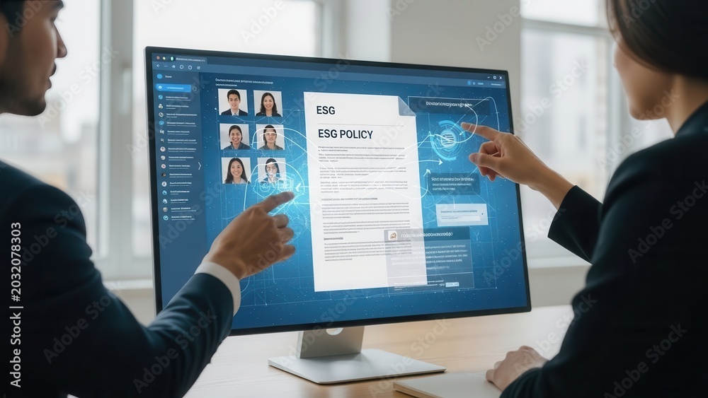 Obraz premium Two colleagues pointing at an esg policy document displayed on a computer monitor in a bright office setting with blue interface