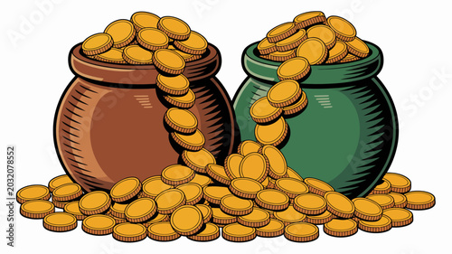 Obraz na plátne Two ceramic pots overflowing with gold coins on a white background clay treasure