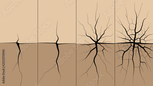 Foto Cracked earth illustration showing progressive fracturing in a four panel sequen