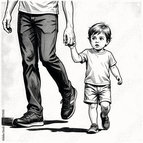 Foto Adult Holding Child'S Hand Walking Together in Halftone Style Illustration