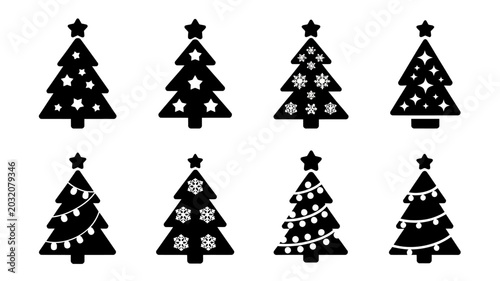 Canvas Print Eight Black Silhouette Christmas Trees With Stars And Ornaments On White Backgro