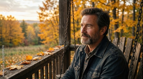 Man sitting contemplatively on porch during autumn sunset