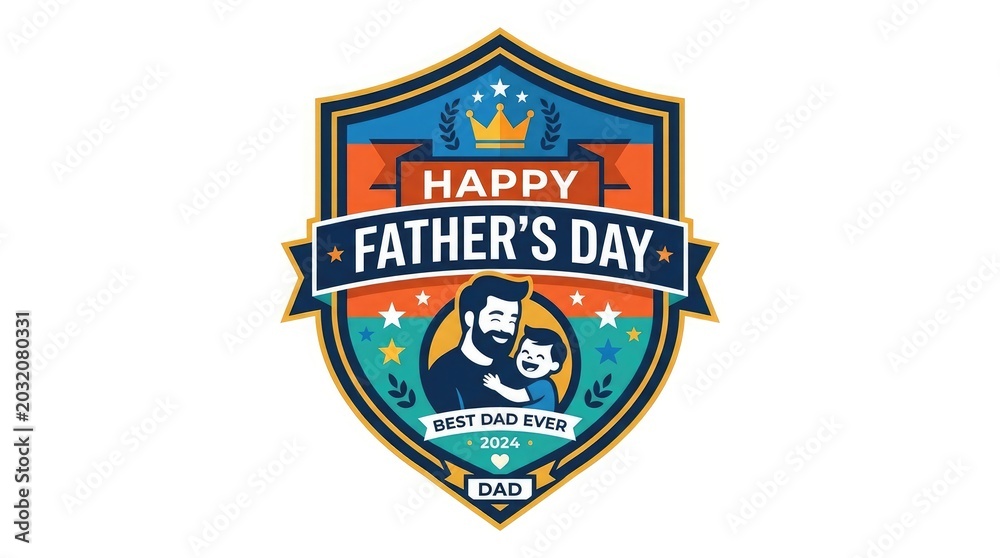 Fototapeta premium Happy fathers day badge with a man and child isolated on white background
