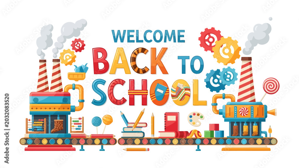 Fototapeta premium Welcome Back to School Factory: An imaginative illustration depicts a whimsical school factory where learning supplies are manufactured, with gears, pipes, and conveyor belts producing books, pencils.