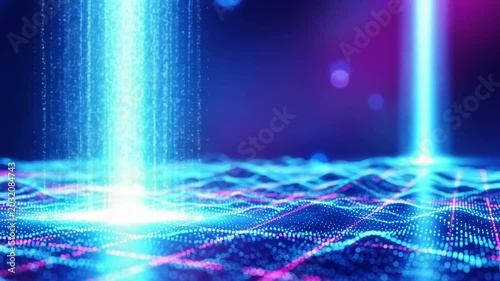 Abstract digital data stream and glowing network grid