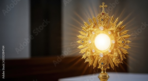 An ornate golden monstrance holds a white consecrated host, radiating light within a quiet sacred setting for deep religious adoration, precious, liturgy, belief