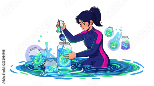 Foto Science Experimentation: A determined scientist in a wetsuit diligently conducts a vibrant experiment in a surreal, water-filled laboratory, surrounded by glowing jars and swirling liquids