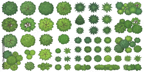 Schilderij op canvas Top view green trees and bushes landscape elements flat design