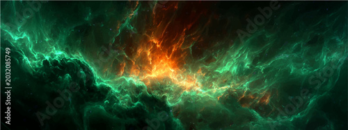 Canvas Print Vibrant cosmic nebula displays explosion incandescent gas, glowing ethereal hues emerald, gold, orange, suggesting creation interstellar matter