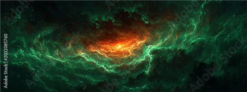 Tableau sur toile Mystical cosmic nebula, swirling emerald and fiery orange gases, evokes wonder and infinite expanse of the universe