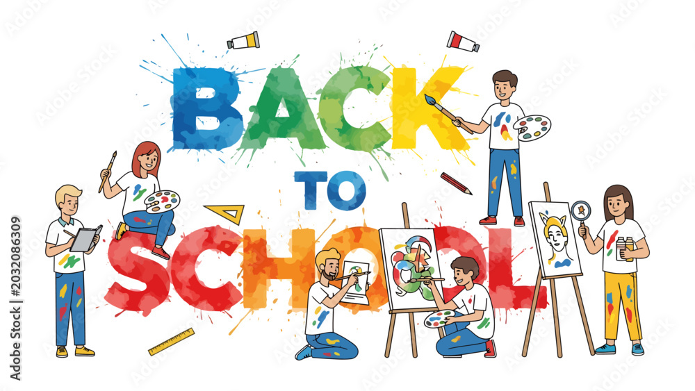 Fototapeta premium Artistic Back to School Celebration: A vibrant and colorful illustration depicting children actively engaged in artistic pursuits.