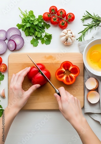 Hands slicing red bell pepper on a wooden board surrounded by fresh cooking ingredients