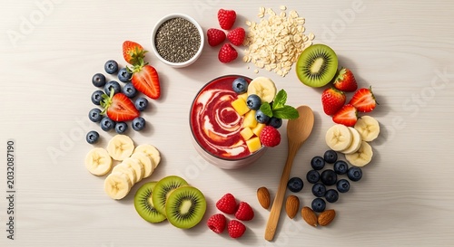 Healthy berry smoothie bowl with fresh fruit ingredients and oats on a wooden background