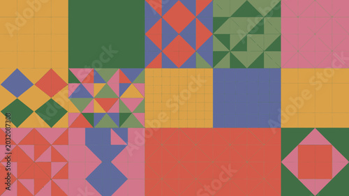 Geometric patchwork pattern with triangles and squares in muted colors polygon multicolored tones color block abstract design grid tessellation vector illustration
