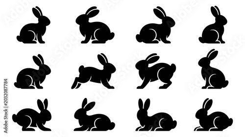 Rabbit Silhouettes Collection Black Shapes On White Background rabbits bunny bunnies hare hares silhouette black and white monochrome vector graphic graphics illustration illustrations