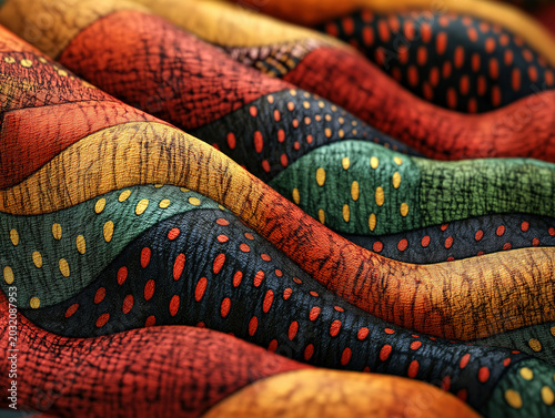 Red black and green woven patterns on fabric representing African cultural heritage