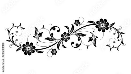 Cuadro en lienzo Floral ornament with swirling leaves and blossoms black and white vector illustr