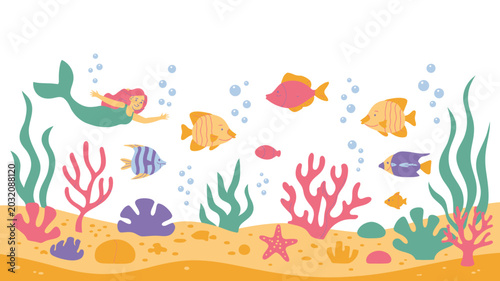 Foto Underwater scene with mermaid and colorful fish a vector illustration aquatic co