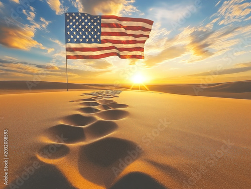 A Sand Dune Bearing the U.S. Flag Under a Golden Sunset