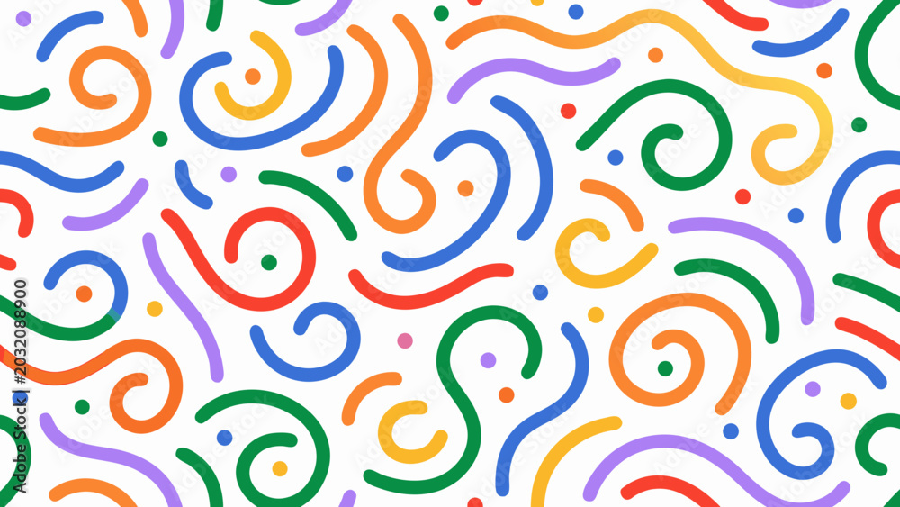 Fototapeta premium Colorful squiggle pattern on a white background features looping lines and scattered circular dots abstract art bright contemporary curved design doodle