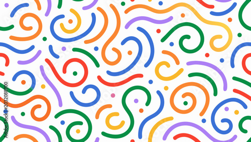 Colorful squiggle pattern on a white background features looping lines and scattered circular dots abstract art bright contemporary curved design doodle