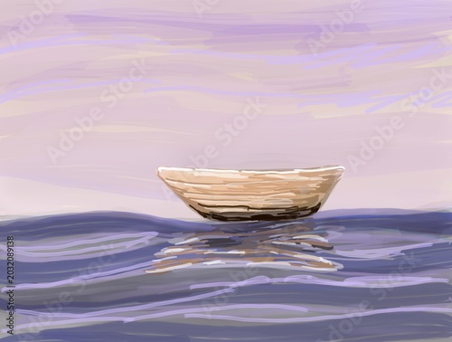 Bild auf Leinwand A boat sailing on a calm blue ocean against dramatic evening purple sky
