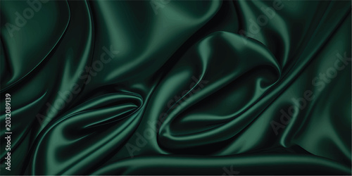 Luxury emerald green silk velvet fabric texture with smooth flowing waves - rich satin material with elegant soft folds and curves for fashion design, upholstery or premium textile backgrounds.
