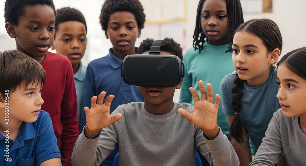Obraz premium Young Students Explore Virtual Reality Technology in Classroom Setting