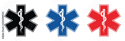 Bild auf Leinwand Star of Life EMS Icon Set Featuring Rod of Asclepius Medical Symbol Vector for E