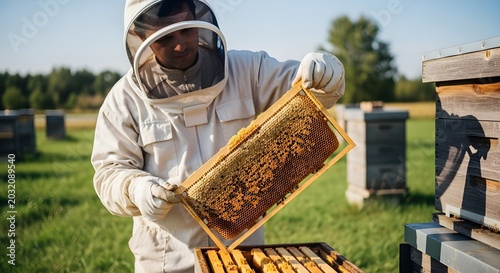 Beekeeper Inspecting Honeycomb Frame Amidst Apiary with Wooden Beehives