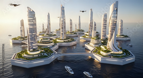 Futuristic floating city on ocean with modern skyscrapers and advanced