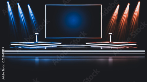 Futuristic debate stage podiums screen dark digital studio