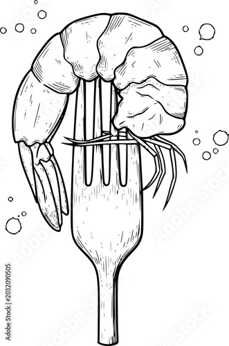 Photos Hand-drawn black and white of a shrimp impaled a fork, with bubbles seafood food