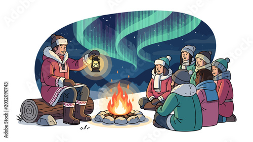 Tableau sur toile Aurora Borealis Storytelling: A storyteller with a lantern captivates a group of children seated around a campfire under the dancing spectacle of the Aurora Borealis in a snowy landscape