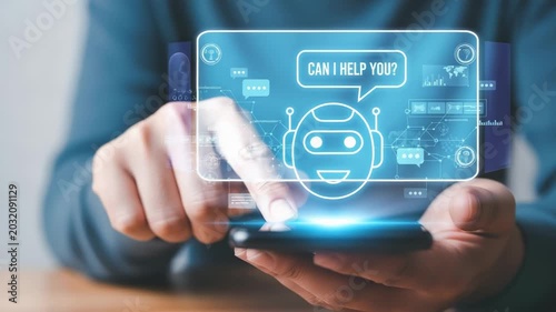 Hand holding a smartphone with a chatbot interface
